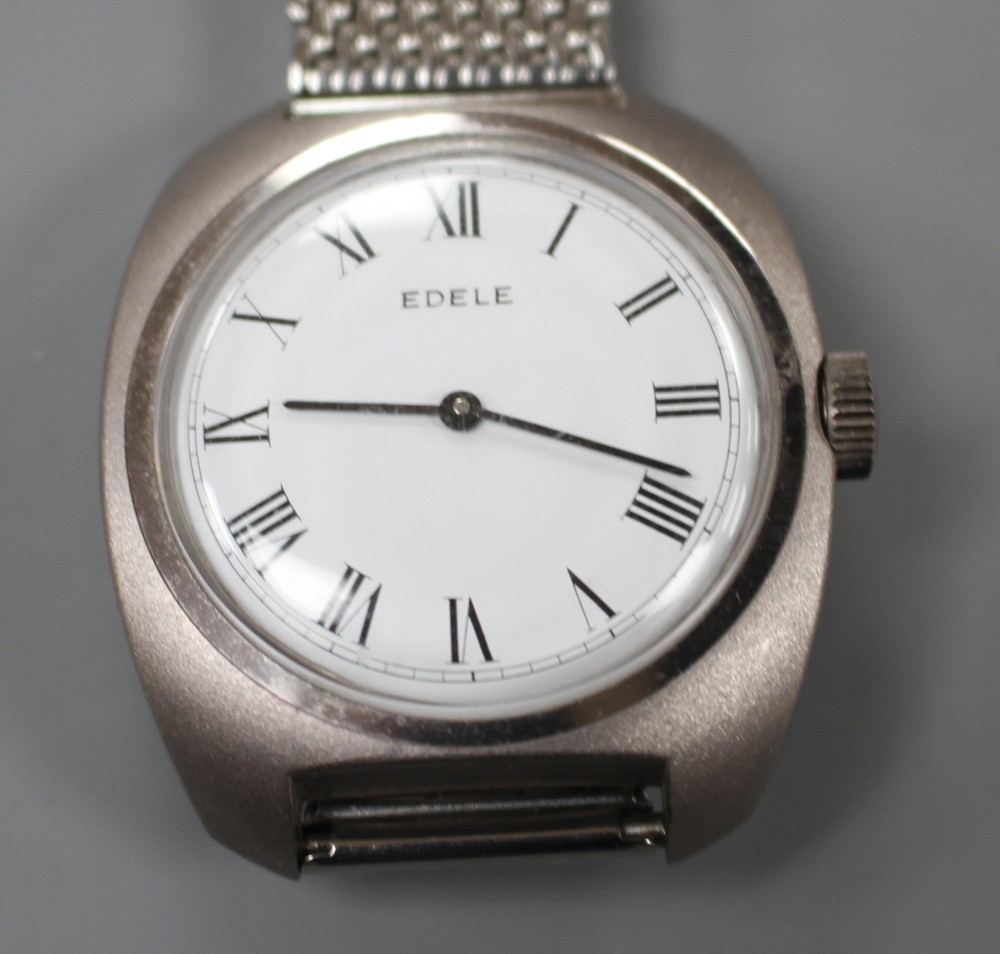A gentlemans stainless steel Edele manual wind wrist watch, with Roman dial, on mesh link stainless steel bracelet.